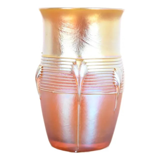 Louis Comfort Tiffany Favrile Iridescent Art Glass Cabinet Vase: A gorgeous Arts & Crafts or Art Nouveau period Favrile iridescent art glass cabinet vase By Louis Comfort Tiffany for Tiffany Studios (signed to the underside) USA, Circa 1910 Measures: 2.38"W x 2.38"