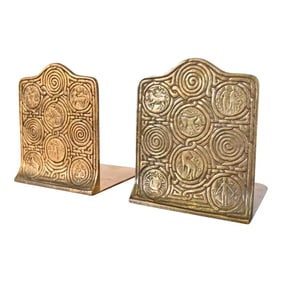 Tiffany Studios New York Bronze Doré Zodiac Bookends, Circa 1910