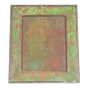 Tiffany Studios New York Pine Needle Bronze and Green Slag Glass Large Picture Frame, Circa 1910