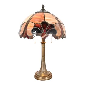Tiffany Studios Style Arts & Crafts Bronze Table Lamp With Stained Glass Shade, Circa 1930s