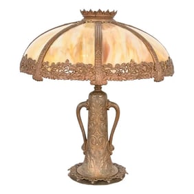 Antique Art Nouveau Slag Glass Table Lamp in the Manner of Handel, Circa 1920s