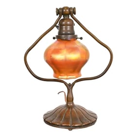 Tiffany Studios New York Bronze Harp Favrile Iridescent Art Glass Desk Lamp