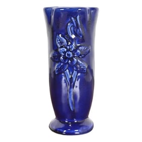 Van Briggle Arts & Crafts Ming Blue Glazed Ceramic Vase With Floral Motif