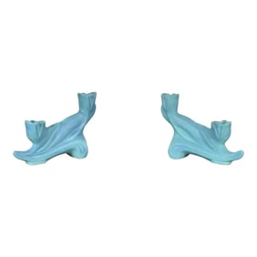 Van Briggle Arts & Crafts Turquoise Glazed Ceramic Candlesticks, Pair