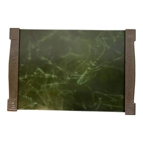 Tiffany Studios New York Modeled Greek Key Bronze Blotter Ends With Leather Desk Blotter