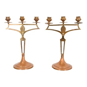 Antique Swedish Art Nouveau Brass and Copper Two-Arm Candelabras, Pair