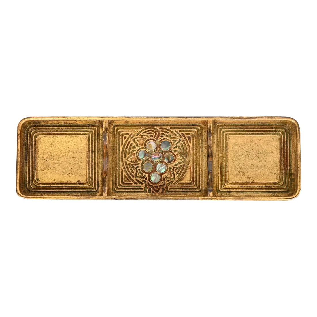 Tiffany Studios New York Bronze Doré and Abalone Pen Tray: A gorgeous Arts & crafts period gilt bronze and inlaid abalone pen tray By Tiffany Studios (signed to the underside) New York, USA, Early 20th Century Measures: 8.75"W x 2.63"D x 0.75"H. Good original
