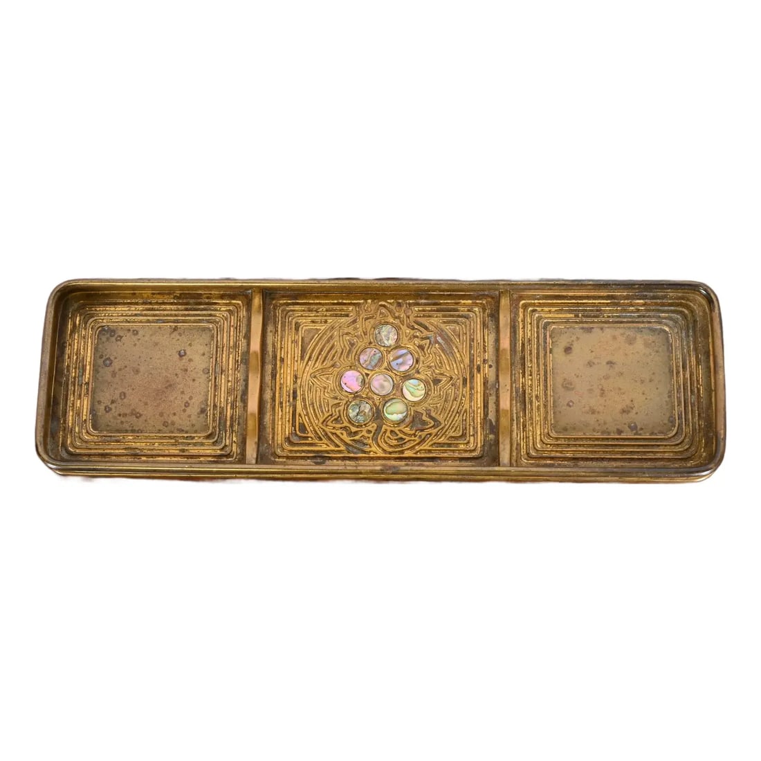 Tiffany Studios New York Bronze Doré and Abalone Pen Tray: A gorgeous Art Deco or Arts & Crafts period gilt bronze and inlaid abalone pen tray By Tiffany Studios (signed to the underside) New York, USA, Early 20th Century Measures: 8.75"W x 2.5"D x 0.5"H. Goo