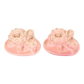 Rookwood Pottery Art Nouveau Glazed Ceramic Pink Lotus Flower Bookends, 1930