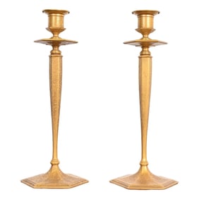 Tiffany Studios New York Bronze Doré Candlesticks, Pair