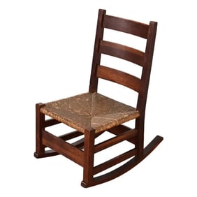 Gustav Stickley Antique Mission Oak Arts & Crafts Ladder Back Rocking Chair With Rush Seat