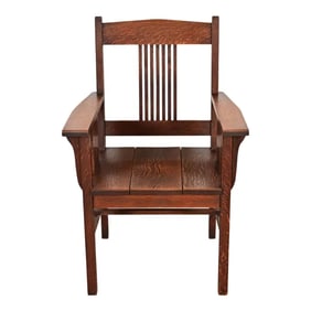 Stickley Brothers Style Mission Oak Arts & Crafts Spindle Arm Chair, Circa 1910
