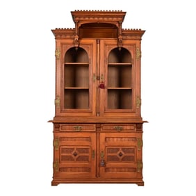 Herter Brothers Style Antique Victorian Carved Oak Breakfront Bookcase Cabinet, Circa 1880s