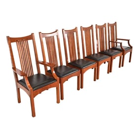 Stickley Mission Arts & Crafts Cherry Wood High Back Spindle Dining Chairs, Set of Six