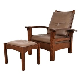 Gustav Stickley Mission Oak Arts & Crafts Bow Arm Reclining Morris Lounge Chair With Ottoman