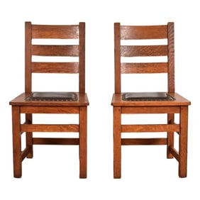 Limbert Antique Mission Oak Arts & Crafts Ladder Back Side Chairs or Dining Chairs, Pair