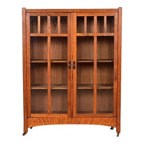 Limbert Style Mission Oak Arts & Crafts Glass Front Double Bookcase Cabinet, Circa 1900
