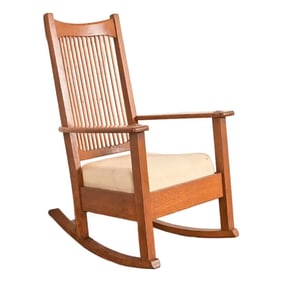 Limbert Antique Mission Oak Arts & Crafts Spindle Rocking Chair, Circa 1910