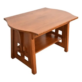 Limbert Antique Mission Oak Arts & Crafts Turtle-Top Cutout Desk or Library Table, Circa 1910