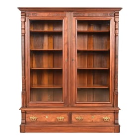 Herter Brothers Style Antique Eastlake Victorian Carved Walnut and Burl Wood Glass Front Bookcase