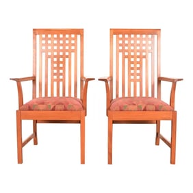 Stickley Mission Arts & Crafts Cherry Wood Armchairs in the Manner of Frank Lloyd Wright, Pair