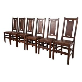 Gustav Stickley Antique Mission Oak Arts & Crafts H-Back Dining Chairs With Leather Seats