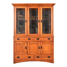 Thomasville Mission Oak Arts & Crafts Lighted Breakfront Bookcase or Display Cabinet