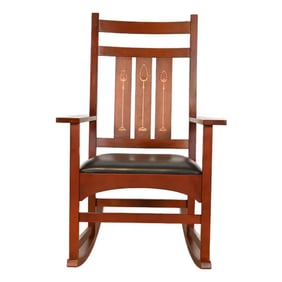 Stickley Harvey Ellis Collection Mission Arts & Crafts Inlaid Cherry Wood and Leather Rocking Chair
