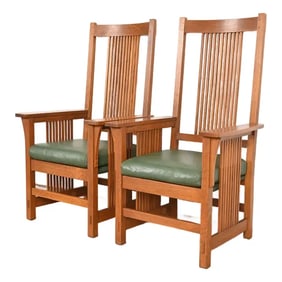 Stickley Mission Oak Arts & Crafts Spindle High Back Arm Chairs, Pair