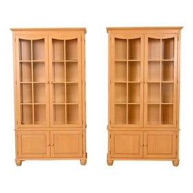 Ethan Allen Arts & Crafts Shaker Maple Lighted Bookcase Cabinets, Pair