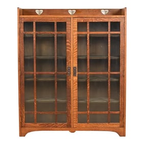 Stickley Brothers Style Antique Mission Oak Arts & Crafts Glass Front Double Bookcase Cabinet