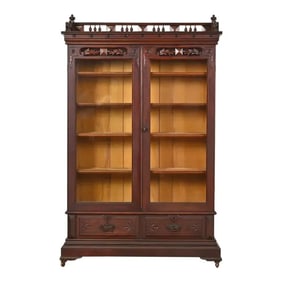 Herter Brothers Style Antique Eastlake Victorian Carved Walnut Bookcase Cabinet, Circa 1880s