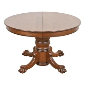 R. J. Horner Style Antique Victorian Oak Pedestal Extension Dining Table With Lion Paw Feet