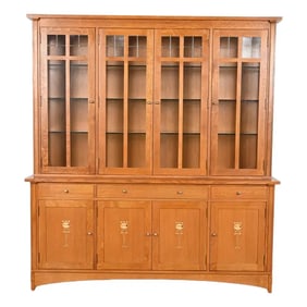 Stickley Harvey Ellis Collection Arts & Crafts Inlaid Oak Lighted Breakfront Bookcase Cabinet