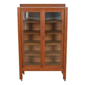 Limbert Style Antique Mission Oak Arts and Crafts Bookcase Cabinet, Circa 1900