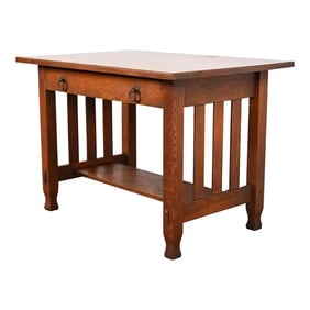 Antique Stickley Brothers Mission Oak Arts & Crafts Writing Desk or Library Table, Circa 1900
