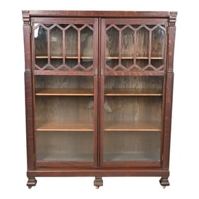 Antique Arts & Crafts Carved Oak Glass Front Double Bookcase, Circa 1900