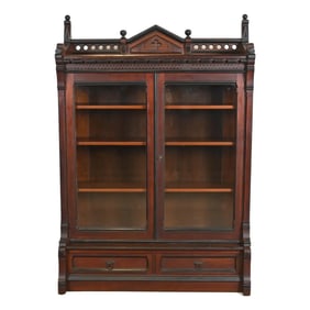 Herter Brothers Style Antique Eastlake Victorian Carved Walnut Bookcase, Circa 1880s