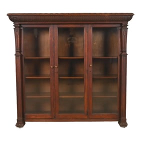 R. J. Horner Style American Empire Carved Oak Glass Front Triple Bookcase Cabinet, Circa 1890