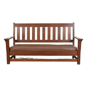 Limbert Mission Oak Arts & Crafts Open Arm Settee or Loveseat, Circa 1900