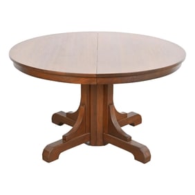Gustav Stickley Antique Mission Oak Arts & Crafts Pedestal Extension Dining Table, Newly Refinished