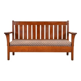 Antique L. & J. G. Stickley Mission Oak Arts & Crafts Open Arm Settee or Loveseat, Circa 1900