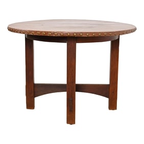Gustav Stickley Antique Mission Oak Arts & Crafts Leather Top Center Table or Breakfast Table