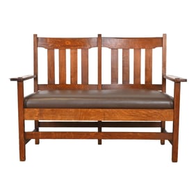 Stickley Brothers Antique Mission Oak Arts & Crafts Bench or Settee, Circa 1900