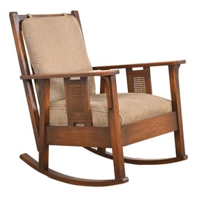 Stickley Brothers Antique Mission Oak and Cane Arts & Crafts Rocking Chair, Circa 1910