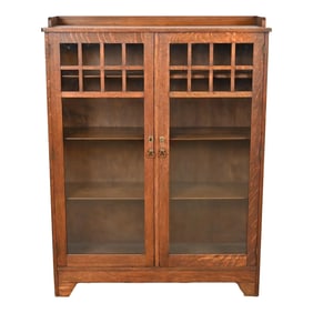 Lifetime Furniture Mission Oak Arts & Crafts Glass Front Double Bookcase Cabinet, Circa 1900