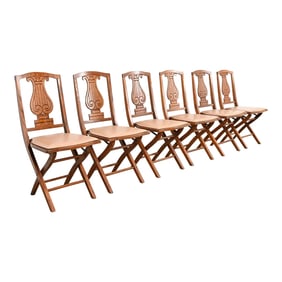 Antique Arts & Crafts Carved Oak Lyre Back Folding Dining Chairs by Phoenix Chair Co., Set of Six