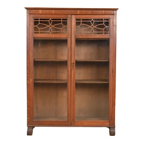 Antique American Empire Carved Oak Glass Front Bookcase, Circa 1890