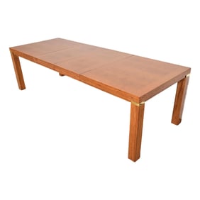 Drexel Heritage Mid-Century Modern Campaign Pecan Wood Extension Dining Table, Newly Refinished