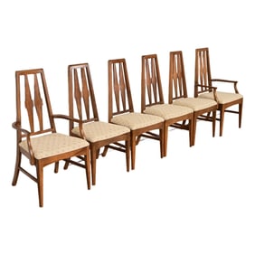 Broyhill Brasilia Style Mid-Century Modern Sculpted Walnut High Back Dining Chairs, Set of Six